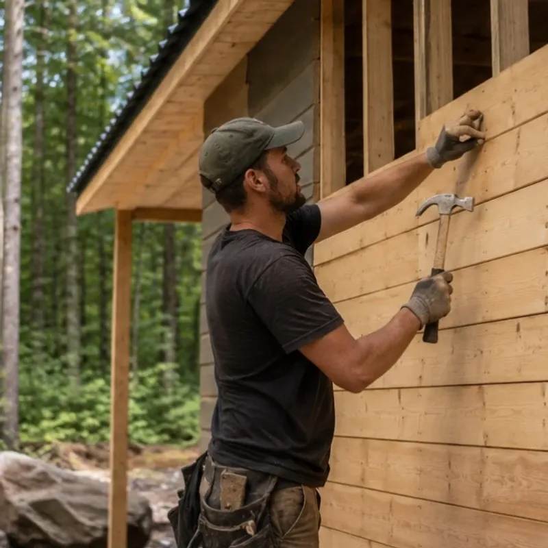 Dan Whitmore fitting timber siding to an off-grid cabin in the woods